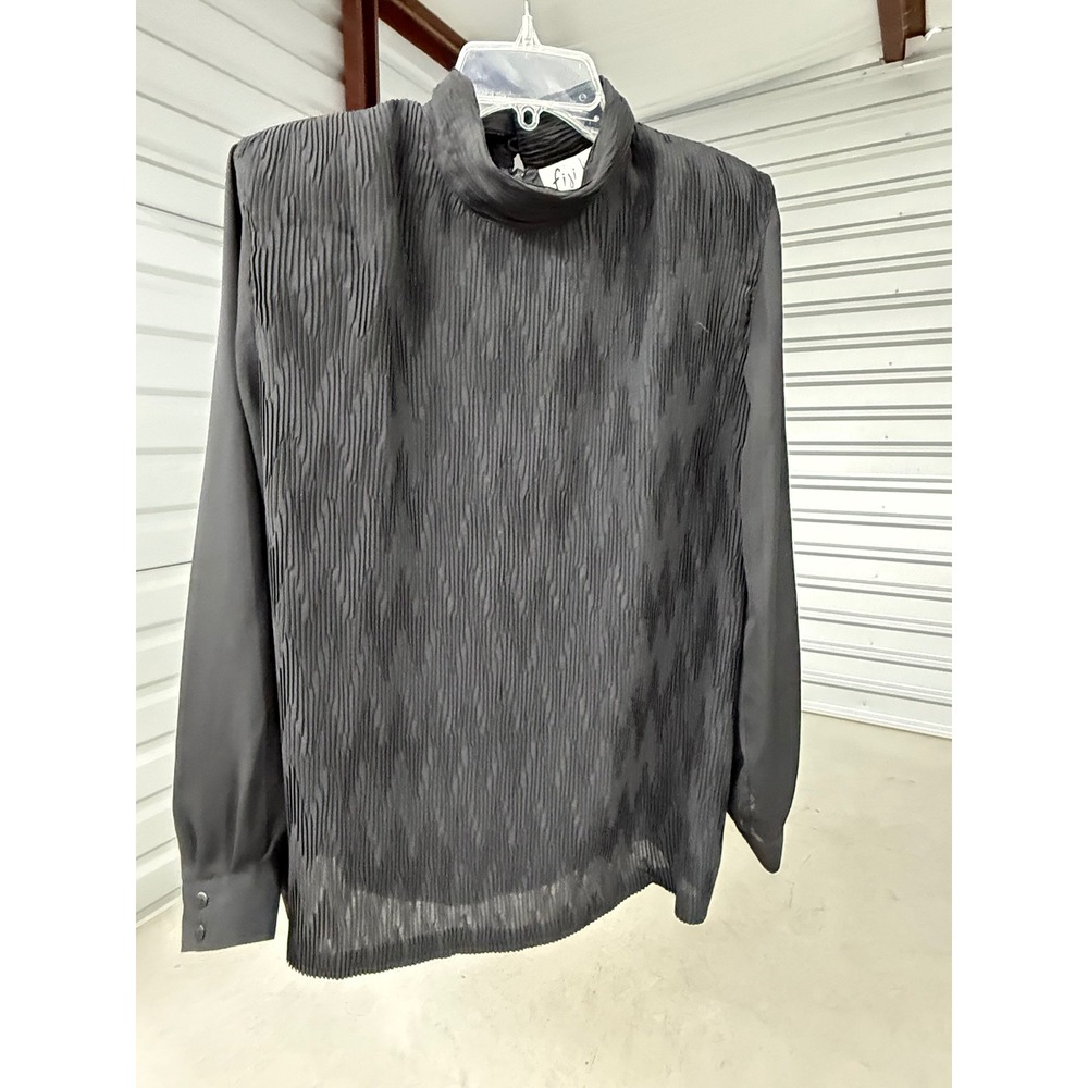 Fiji Black Pleated Mock Neck Blouse Long Sleeve Sheer Polyester Top Small
